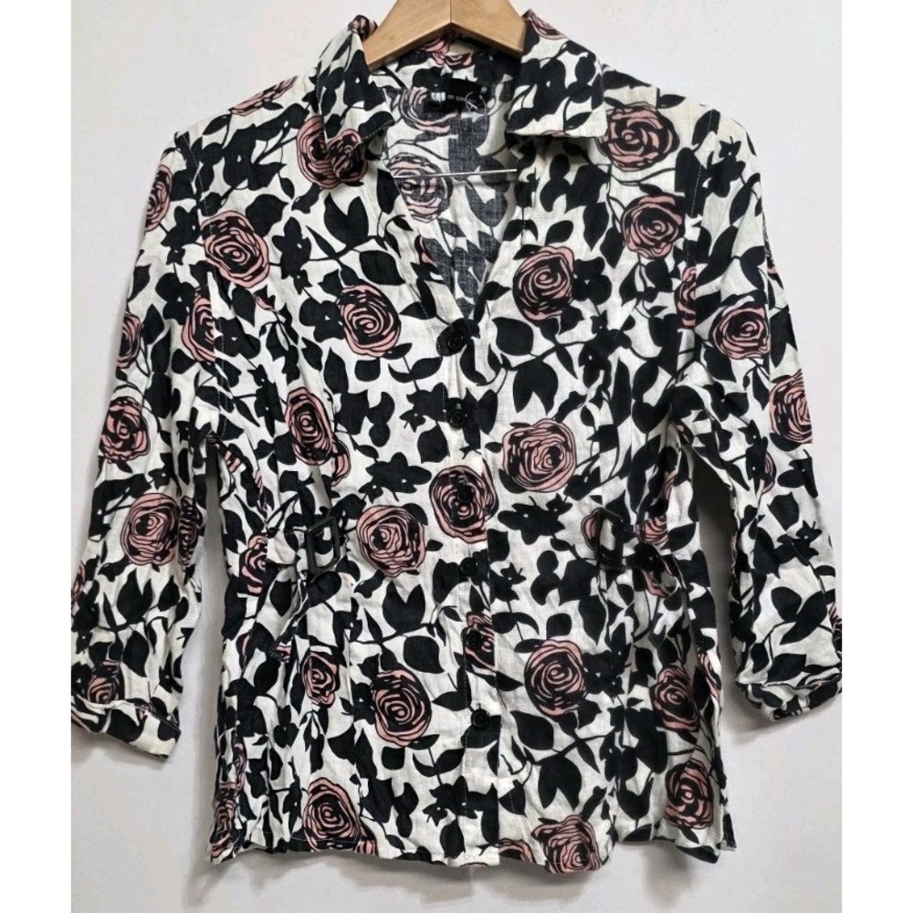 Carole Little Blouse Woman Large Black White Floral Peony Roll Tab Linen Shirt